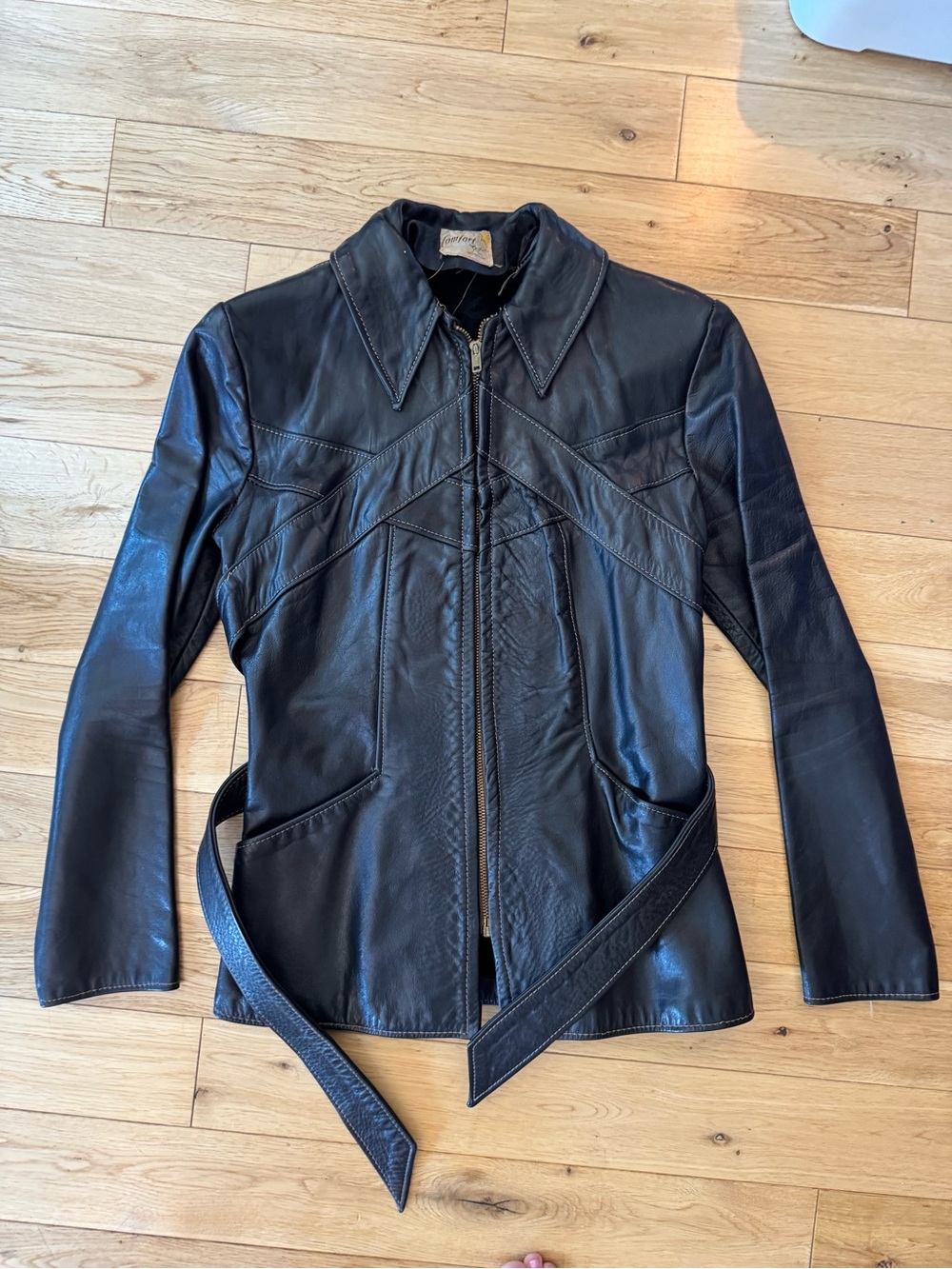 Black Leather Zip-Front Jacket with Belt